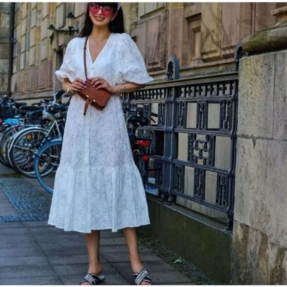 Zara Dresses & Skirts - Zara White The Marta Eyelet Puff Sleeve Midi Dress Womens Size L Cottagecore